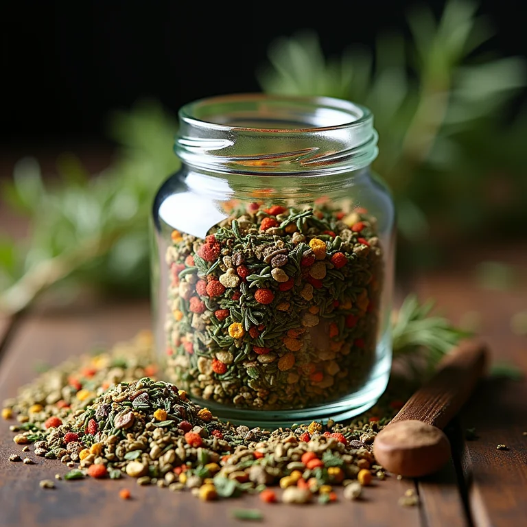 Close-up de ervas de Provence secas em um pote de vidro vintage.