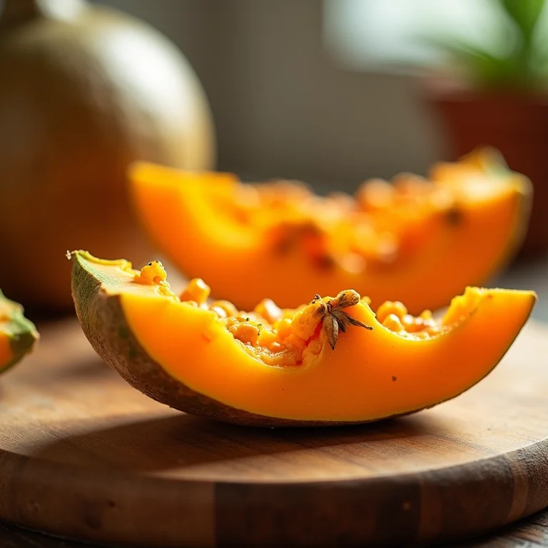 Close-up de fatias de Melão de São Caetano mostrando o interior laranja.