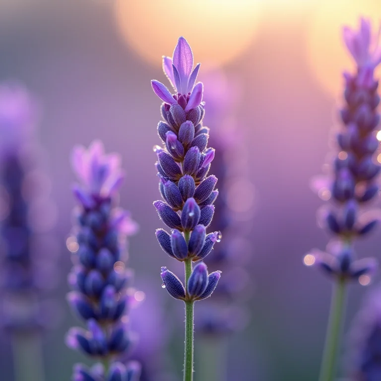 Close-up de flores de lavanda com gotas de orvalho