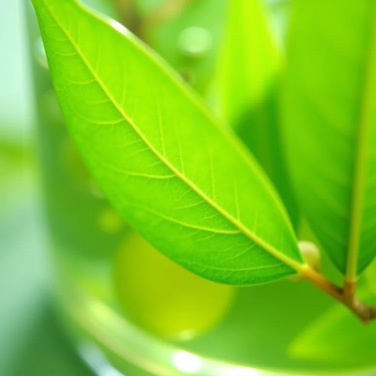 Close-up de folhas de oliveira em água, mostrando a liberação de antioxidantes.