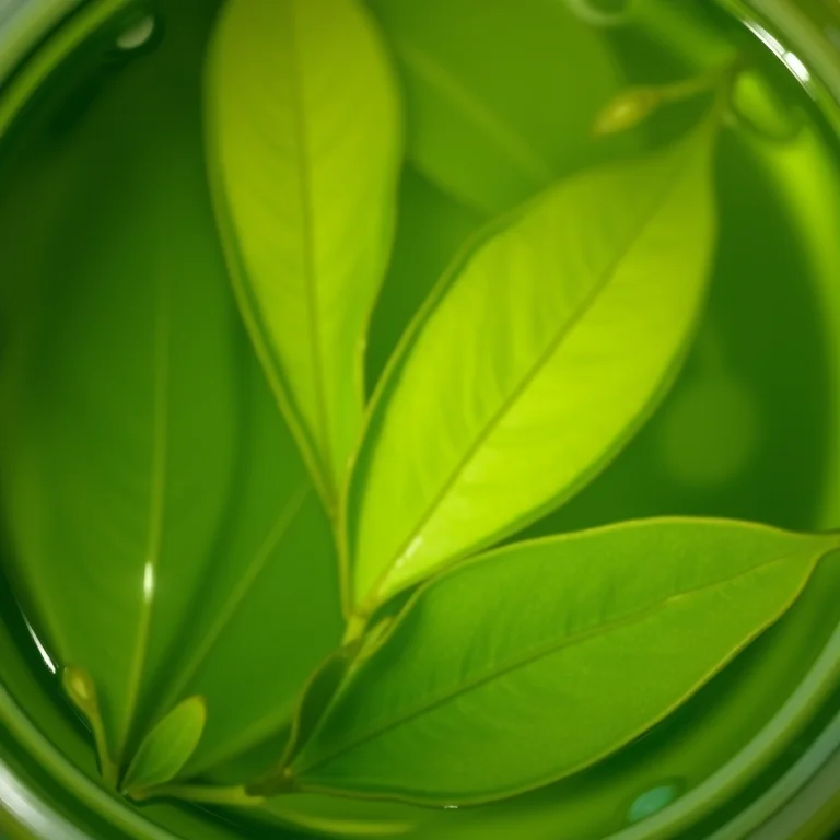 Close-up de folhas de oliveira liberando antioxidantes na água quente.