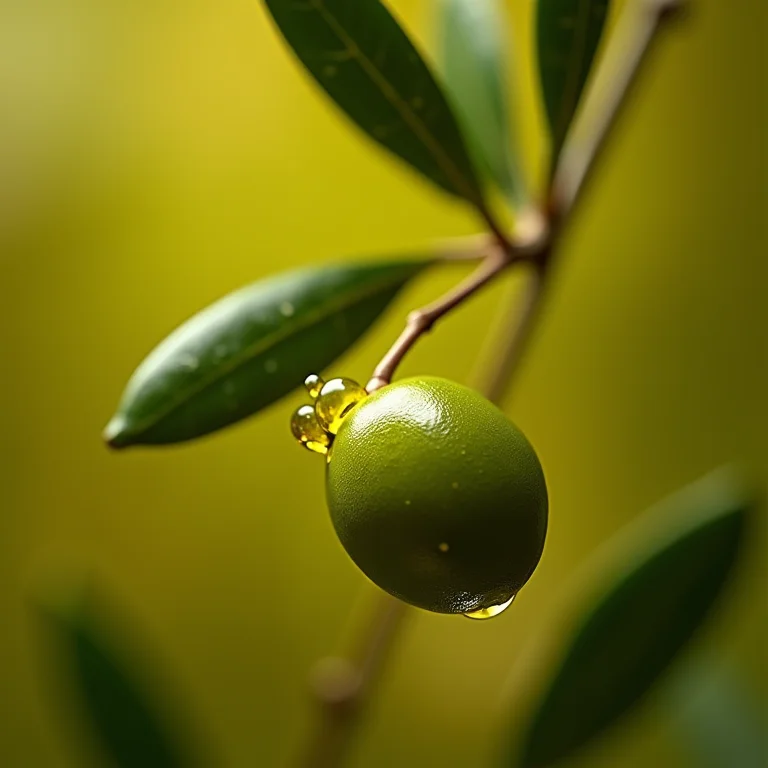 Close-up de folhas de oliveira sendo amassadas, liberando óleos naturais com propriedades anti-inflamatórias.