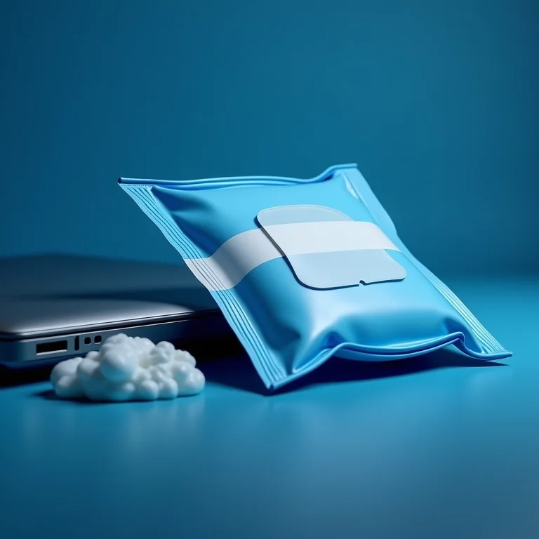 Close-up de lenços umedecidos para eletrônicos, mostrando a embalagem.