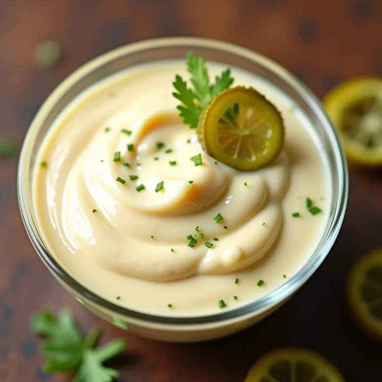 Close-up de molho tártaro clássico com picles picados e ervas frescas.