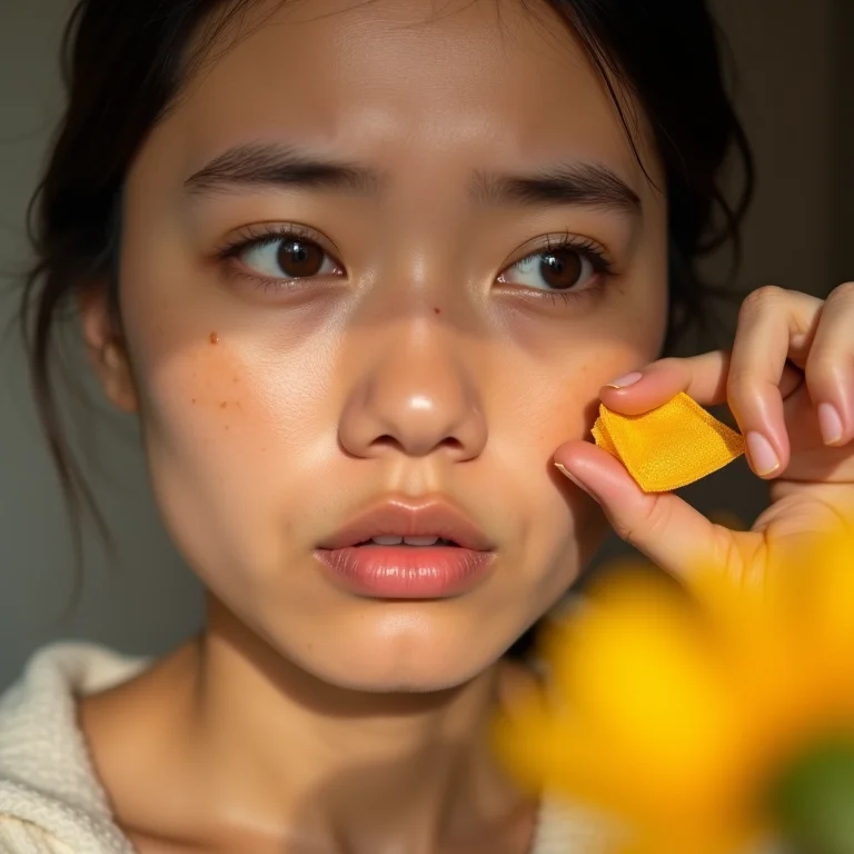 Close-up de rosto preocupado com irritação nos olhos e saquinho de chá de calêndula próximo