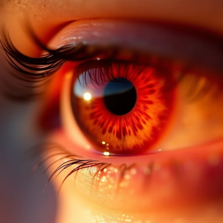 Close-up de um olho irritado mostrando sinais de infecção.