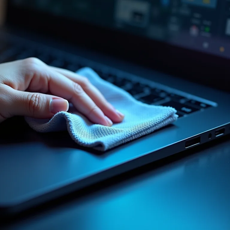Close-up de um pano de microfibra limpando suavemente a tela de um notebook.