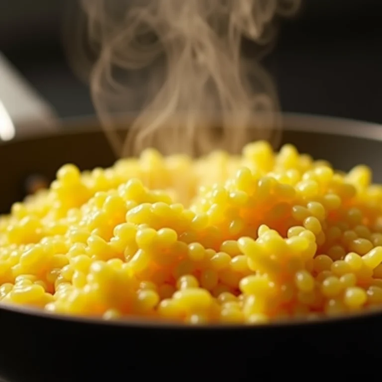 Close-up de um risoto de açafrão cremoso sendo servido, destacando a textura e o aroma.