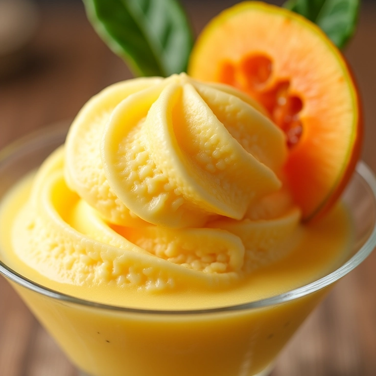 Close-up de uma bola de sorvete cremoso de mangaba em uma taça de vidro.