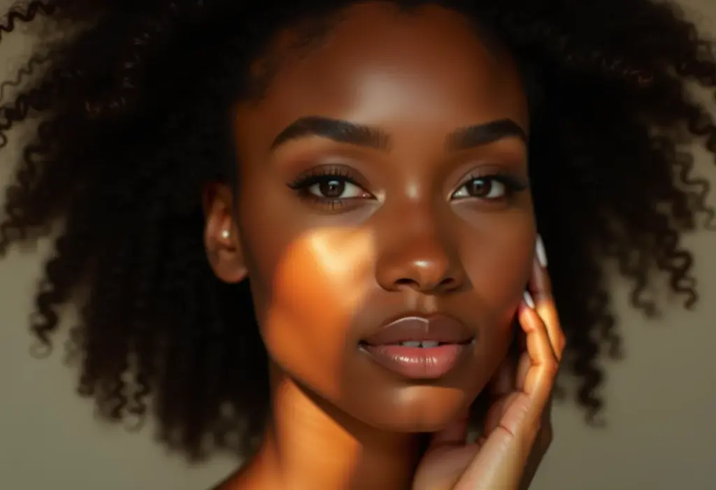 Close-up de uma mulher com pele radiante segurando uma xícara de chá