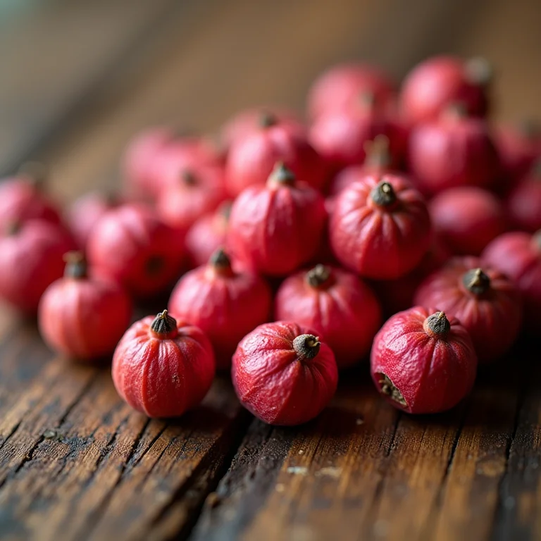 Close-up detalhado de pimentas rosa.