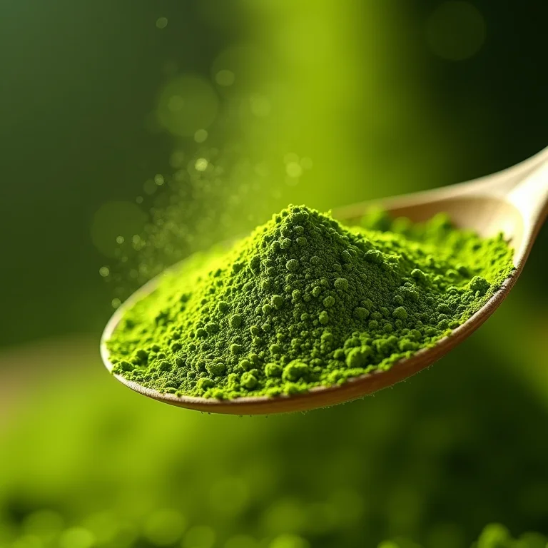 Close-up do pó de matcha, revelando sua cor vibrante.