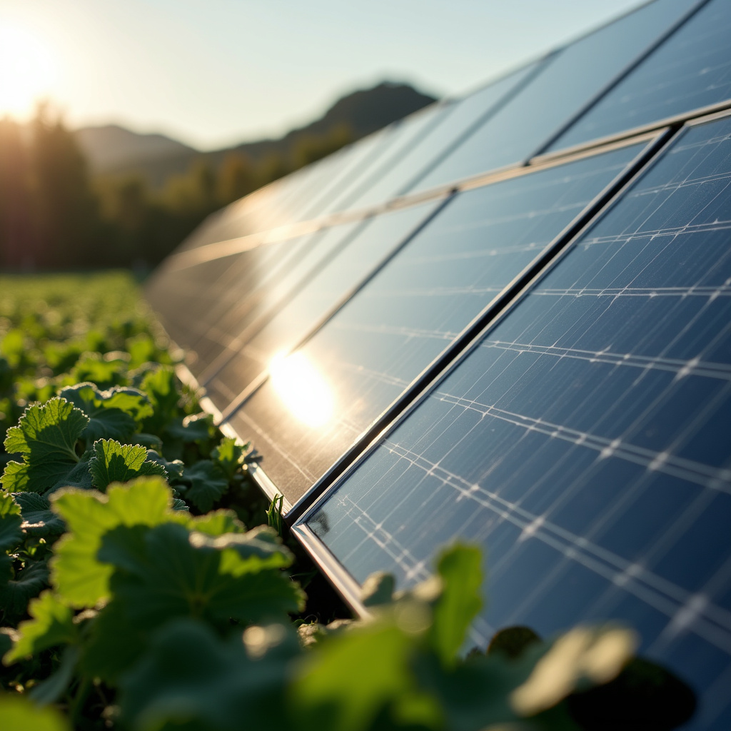 Close-up of solar panels in a food production setting, showing reduced carbon footprint, Redução da pegada de carbono com energia solar na horta.