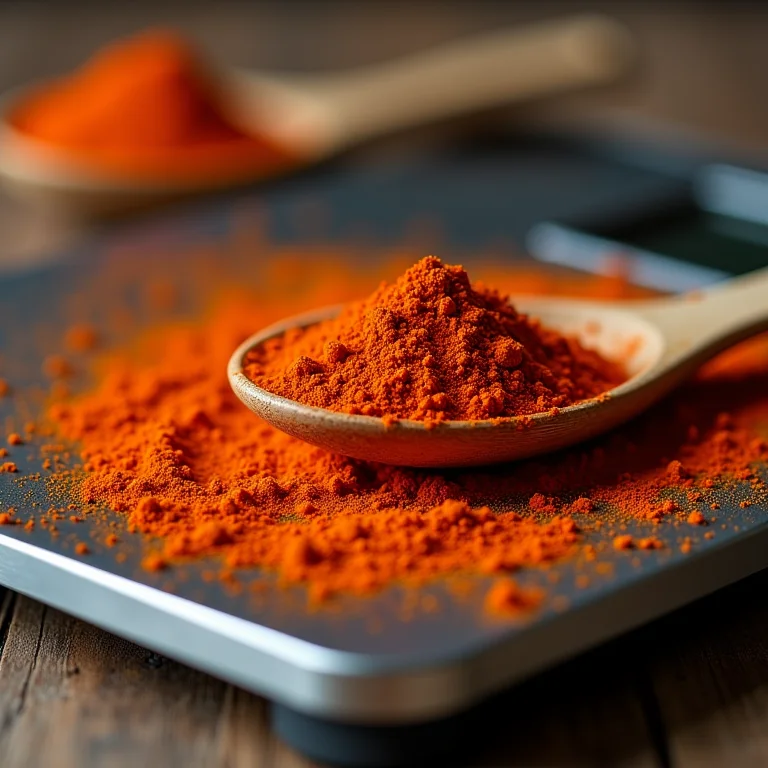 Colher de pó de pimenta caiena sobre balança.