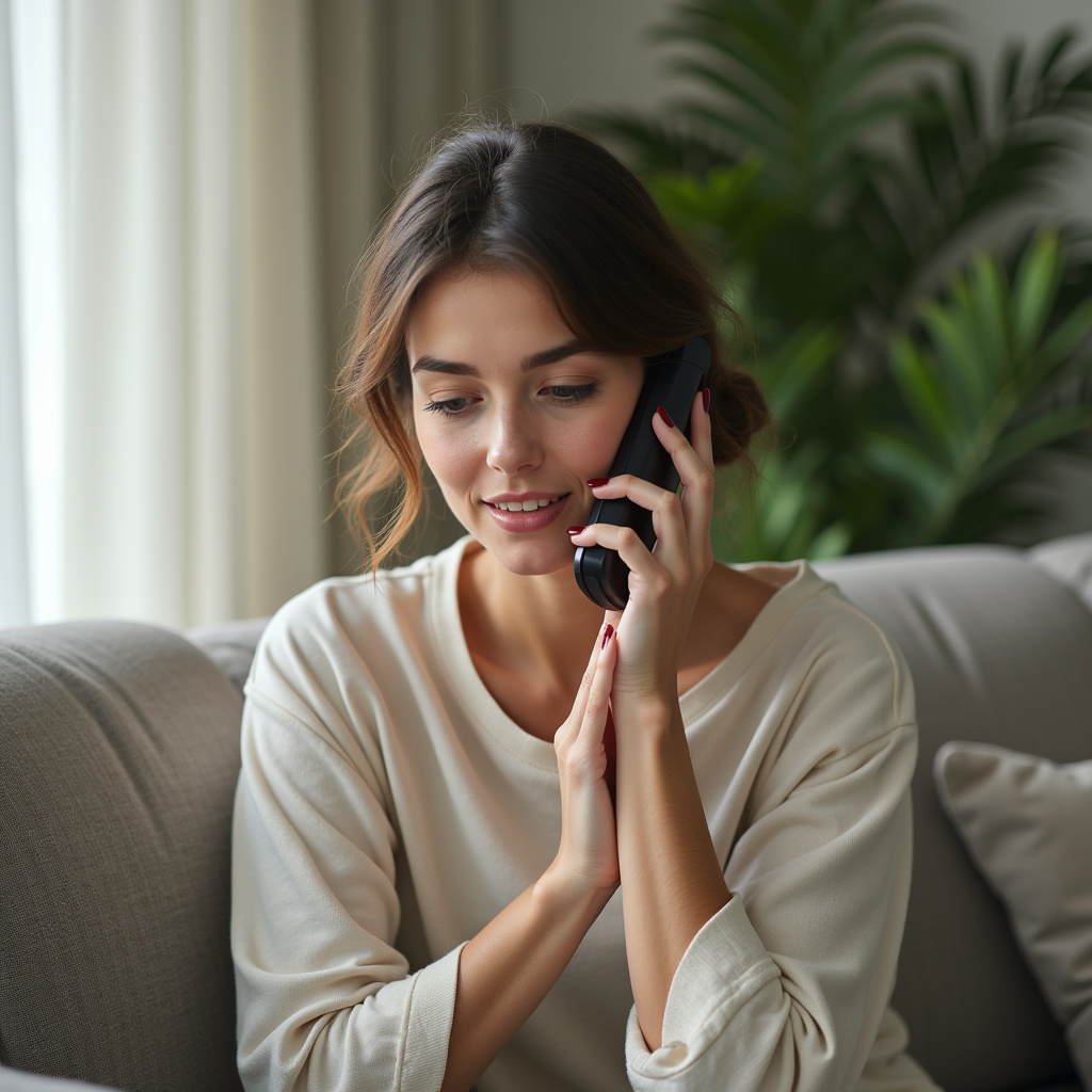 Commercial photography of a woman calling references for a sofa cleaner, natural lighting, 8K Pedindo referências de clientes anteriores de profissional de limpeza de sofá.