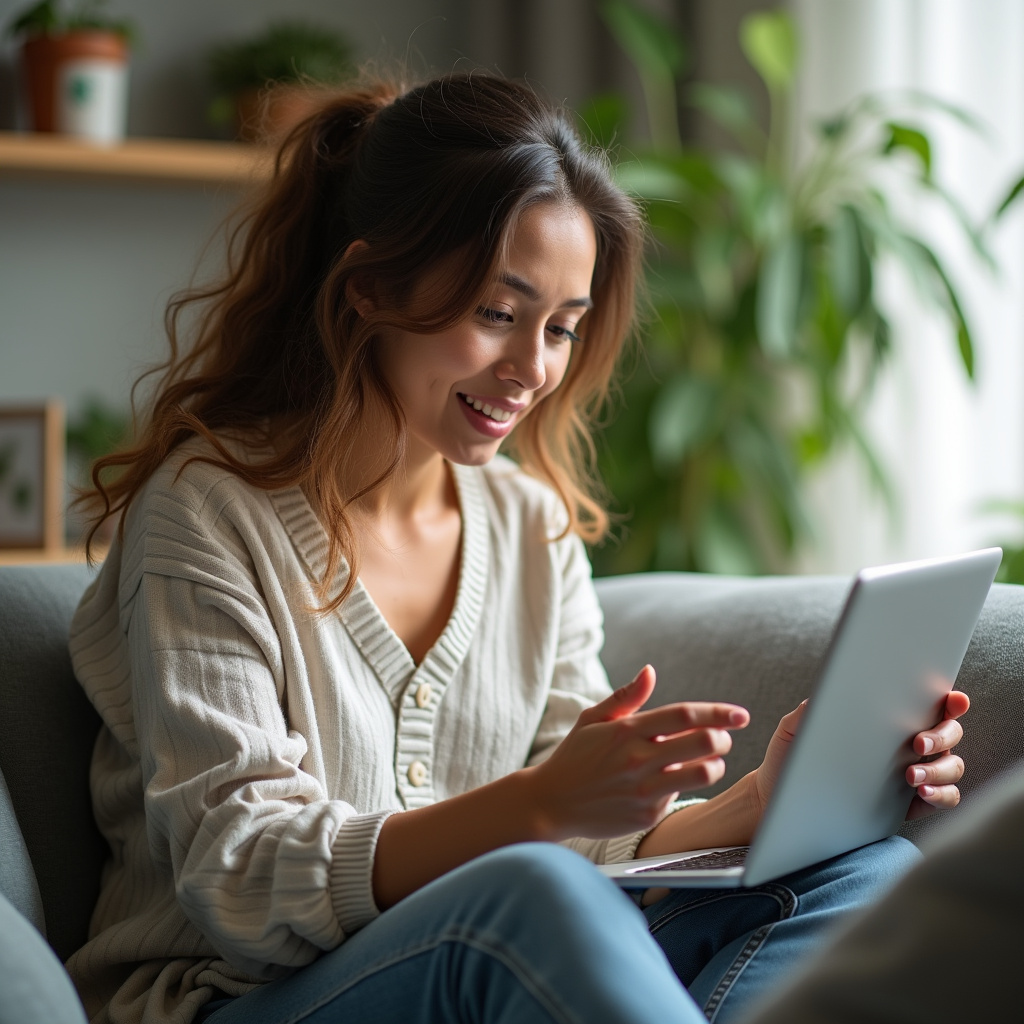 Commercial photography of a woman checking online reviews of a sofa cleaning company, natural Verificando reputação de empresa de limpeza de sofá online.