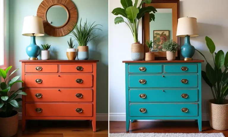 Cômoda antiga restaurada com pintura vibrante e decoração brasileira.