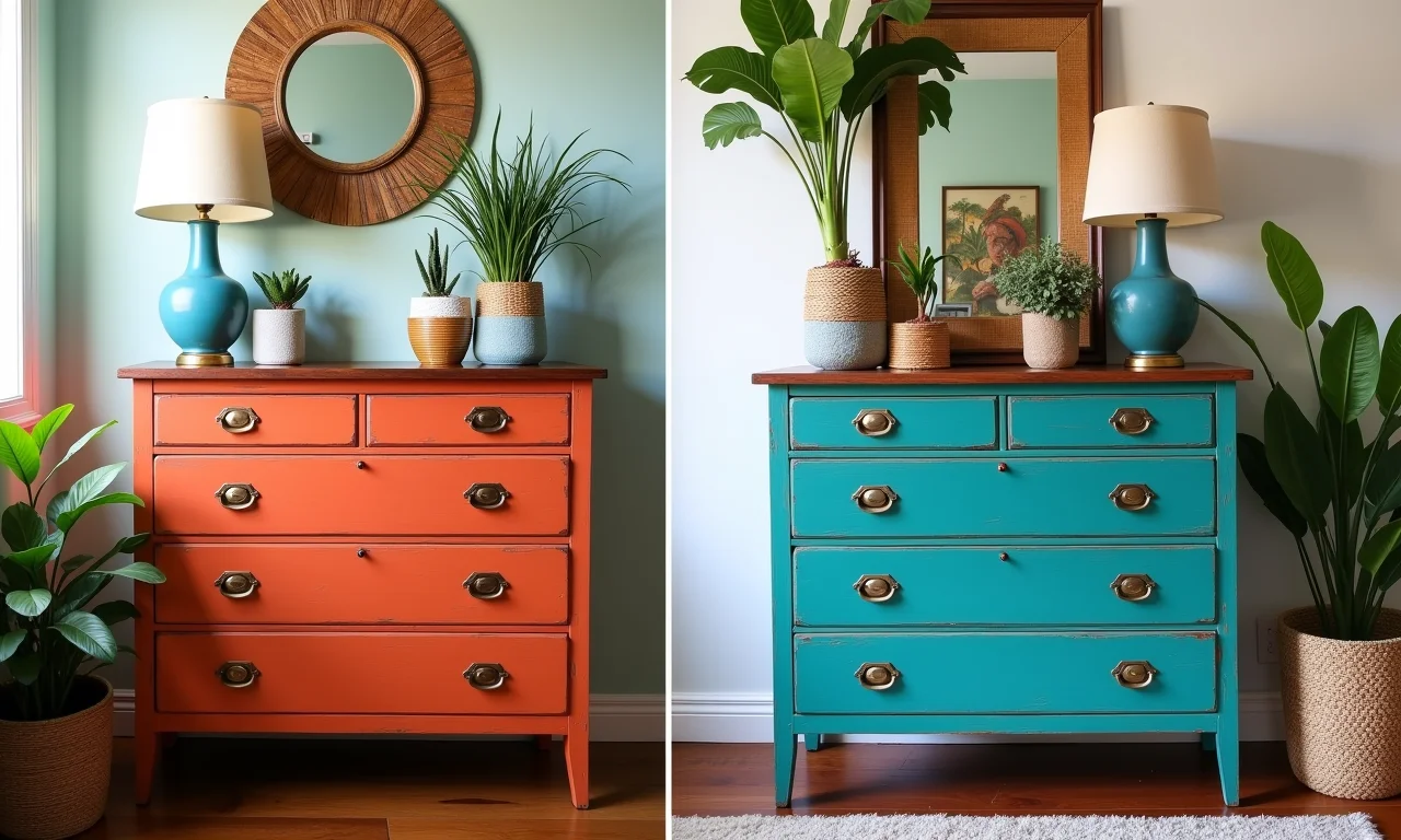 Cômoda antiga restaurada com pintura vibrante e decoração brasileira.