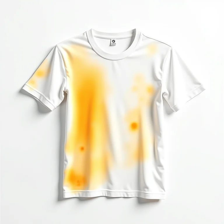 Comparativo de uma camiseta branca antes e depois da remoção da mancha de curry.