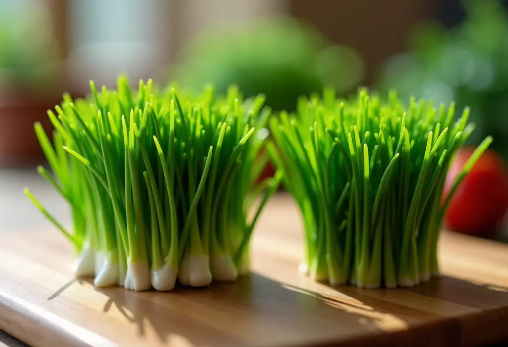 Comparativo visual entre nirá e cebolinha em uma cozinha bem iluminada.