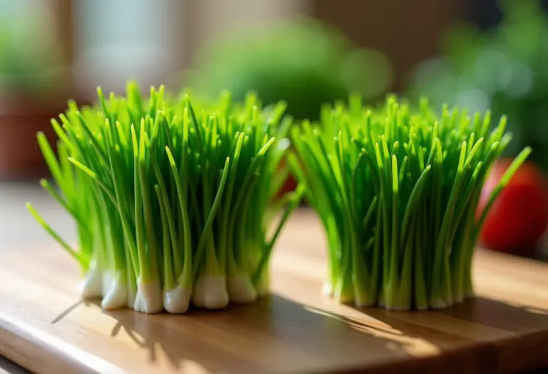 Comparativo visual entre nirá e cebolinha em uma cozinha bem iluminada.