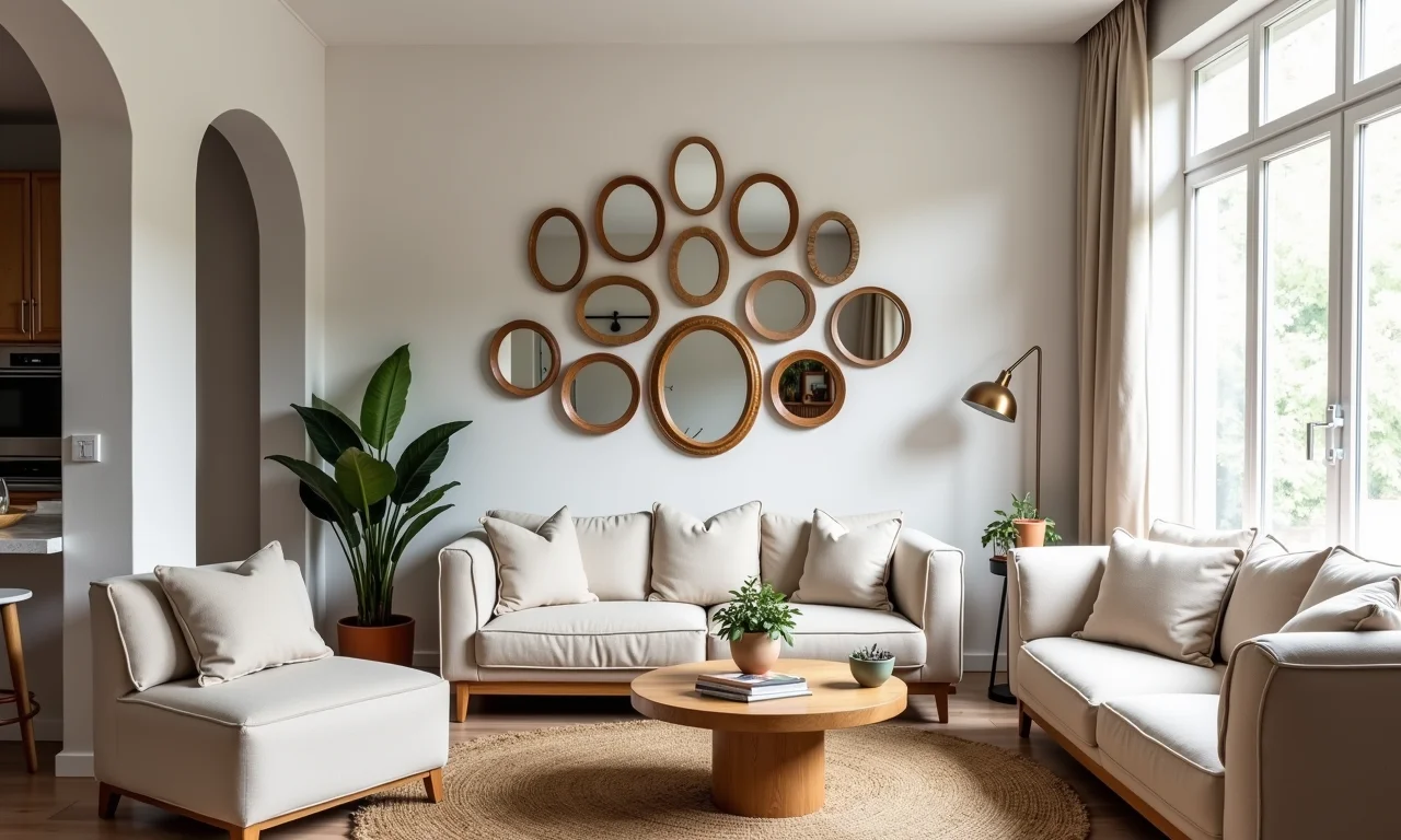 Composição de espelhos pequenos com charme e dinamismo.