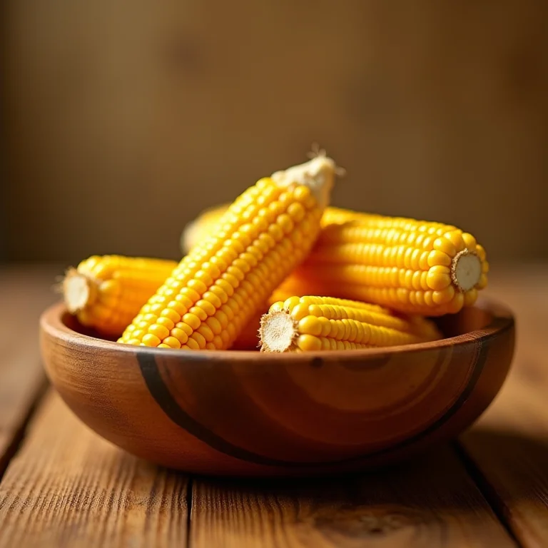 Composição minimalista de espigas de milho cru em um recipiente de madeira rústico.