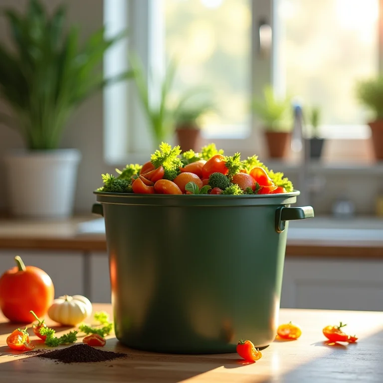 Composteira doméstica com restos orgânicos em cozinha iluminada.