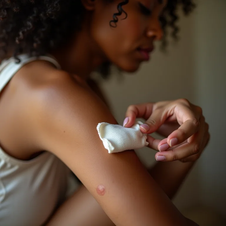 Compressa de chá de tomilho sendo aplicada em uma ferida no braço.