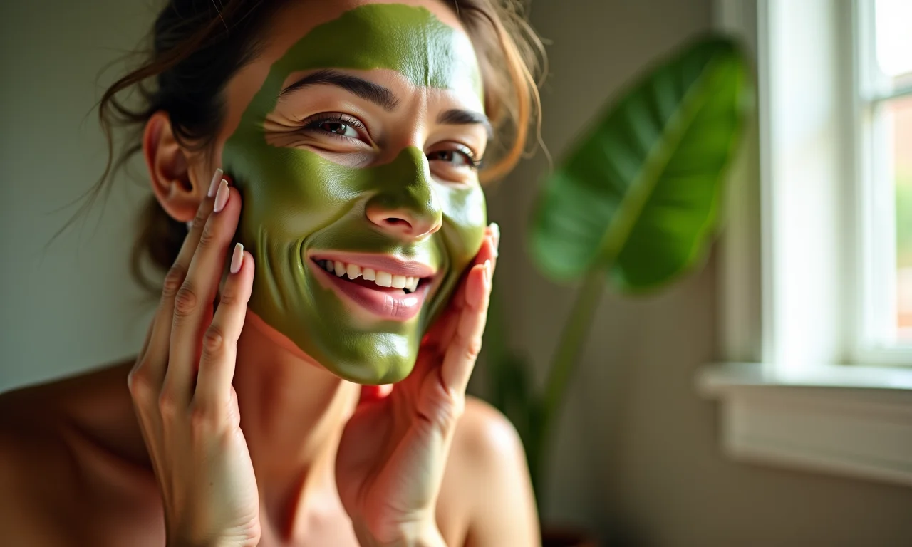 Compressa de folha de pitanga sendo aplicada no rosto.