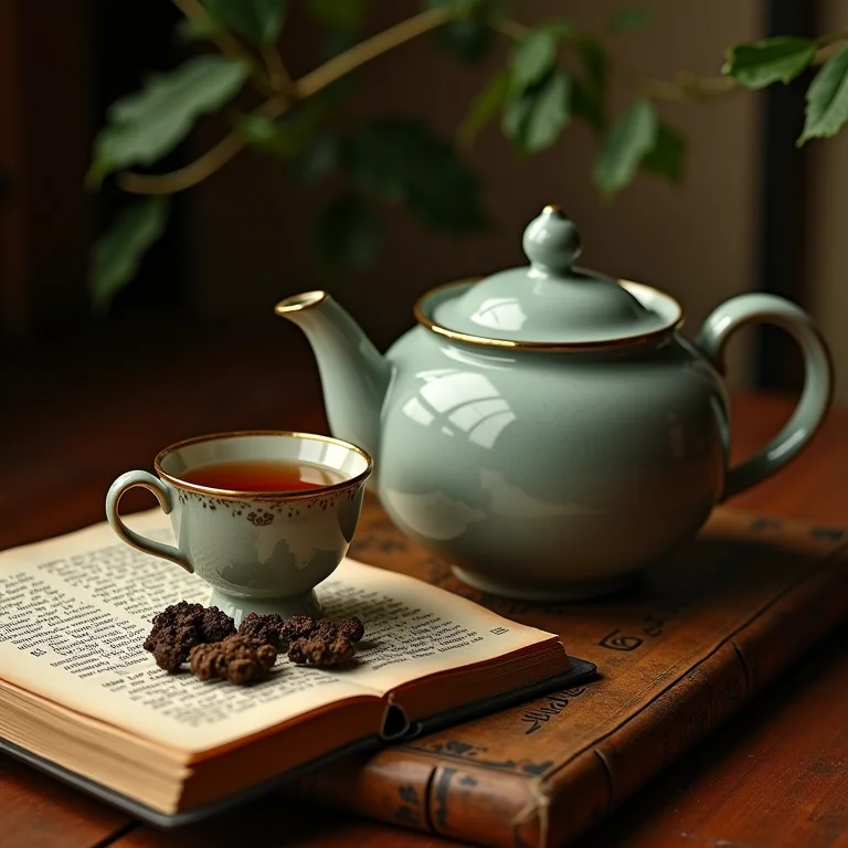Conjunto de chá vintage com folhas de amora secas e livro antigo.