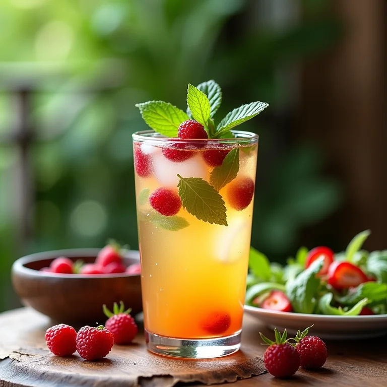 Copo de chá de cavalinha gelado com hortelã e frutas vermelhas acompanhado de salada.