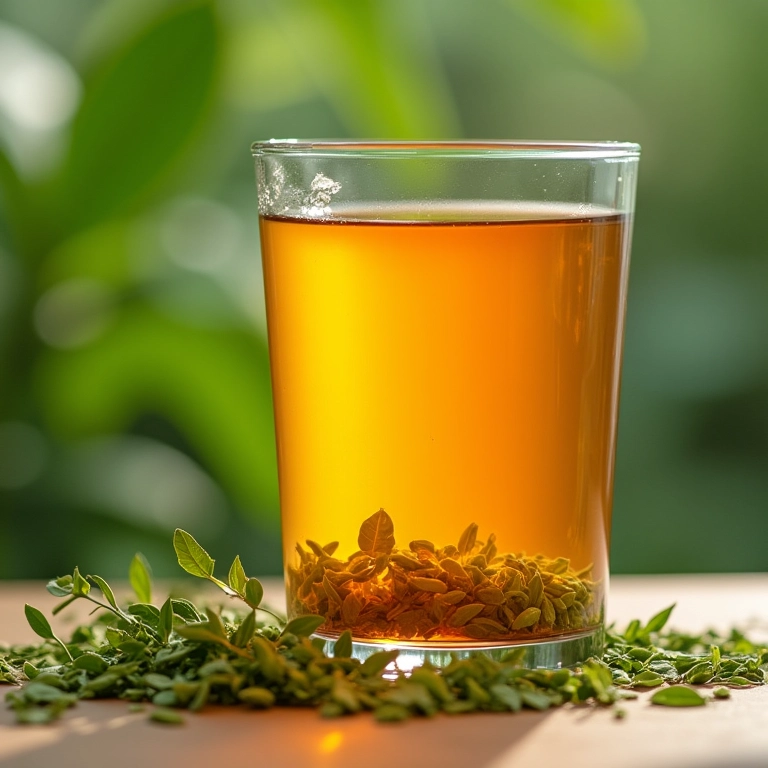 Copo de Jun tea com mel e folhas de chá verde, cores vibrantes.