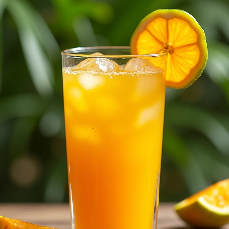 Copo de suco fresco de mangaba com gelo e uma fatia de mangaba na borda.