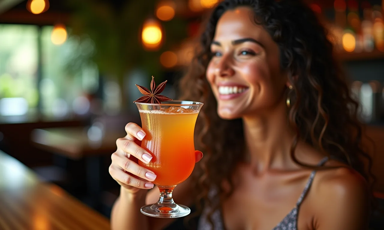 Coquetel exótico com anis estrelado, apreciado por uma jovem em ambiente elegante.