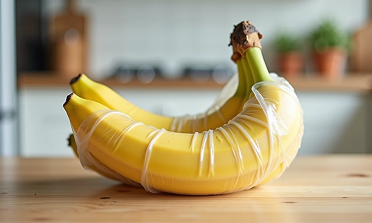 Coroa de banana protegida com plástico filme para evitar que fique preta.