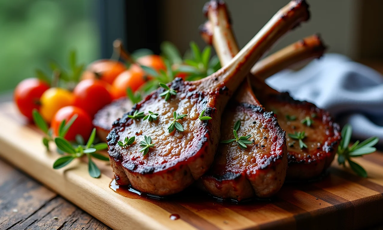 Costeletas de cordeiro grelhadas com tomilho e alecrim.