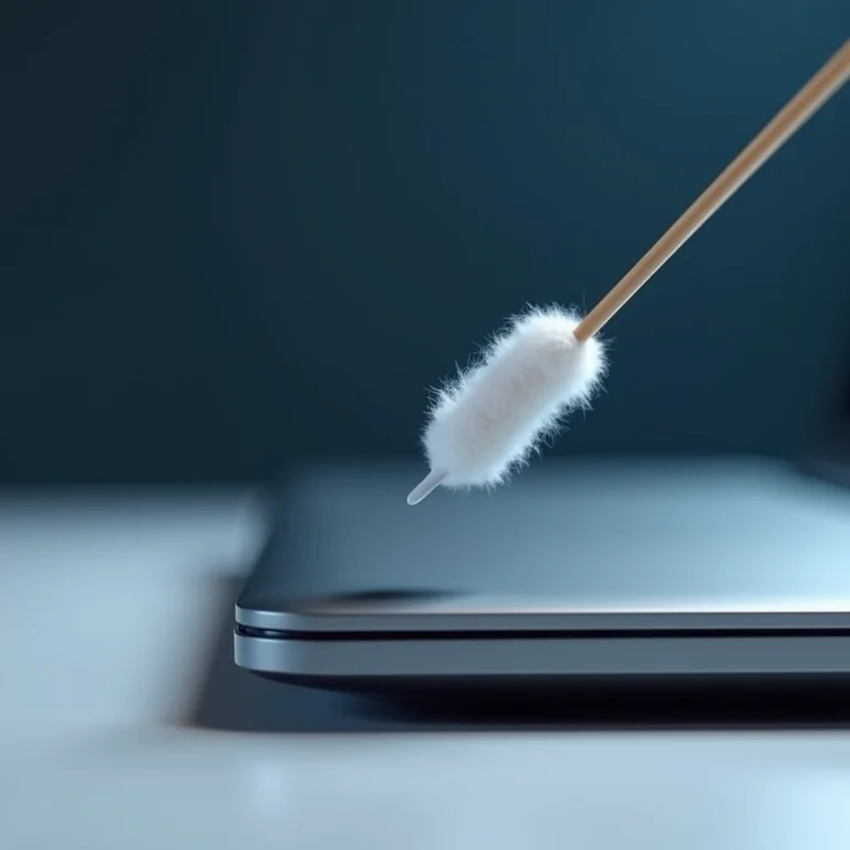 Cotonete limpando os cantos difíceis da tela de um notebook.