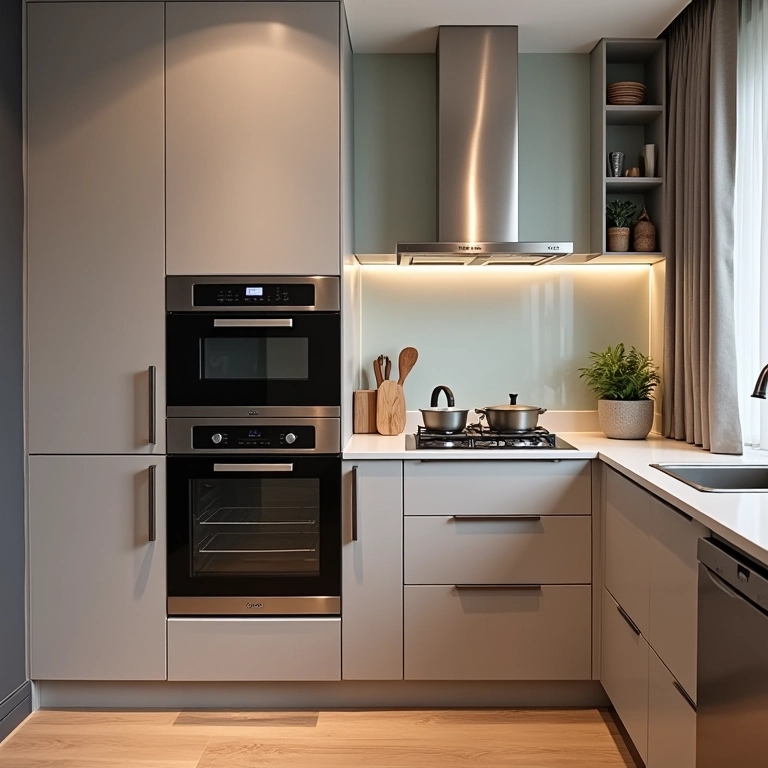 Cozinha com eletrodomésticos compactos e design moderno.