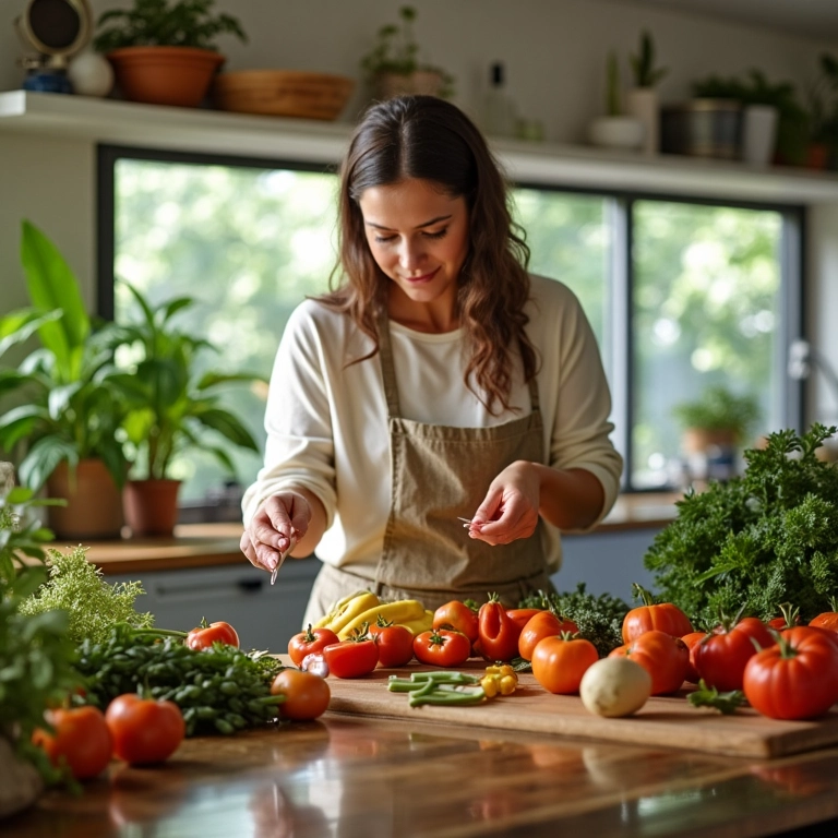 Cozinha com Feng Shui e design brasileiro, mulher cozinhando com ingredientes frescos.