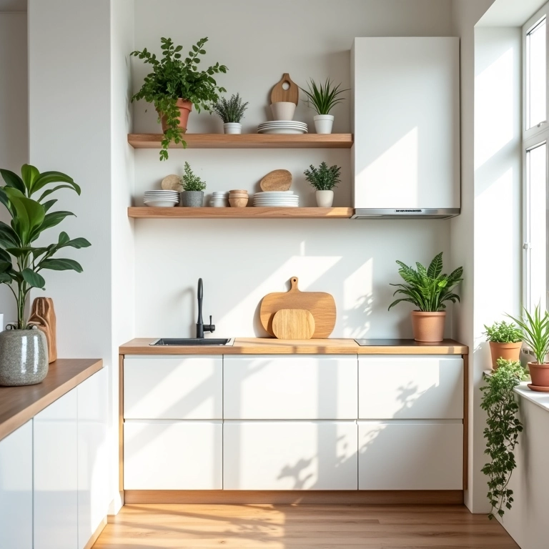 Cozinha compacta de apartamento decorada com plantas e utensílios modernos.