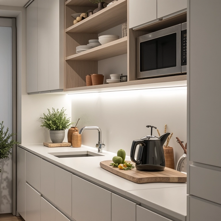 Cozinha de apartamento pequeno com design funcional e armários inteligentes.