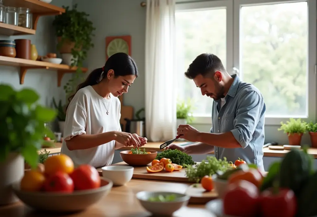 Cozinha ensolarada com família brasileira utilizando utensílios sustentáveis.
