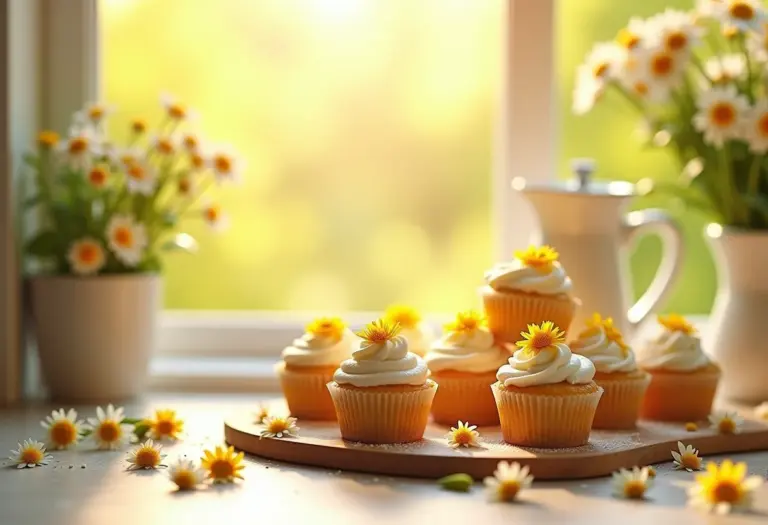 Cozinha ensolarada com sobremesas de camomila e flores espalhadas