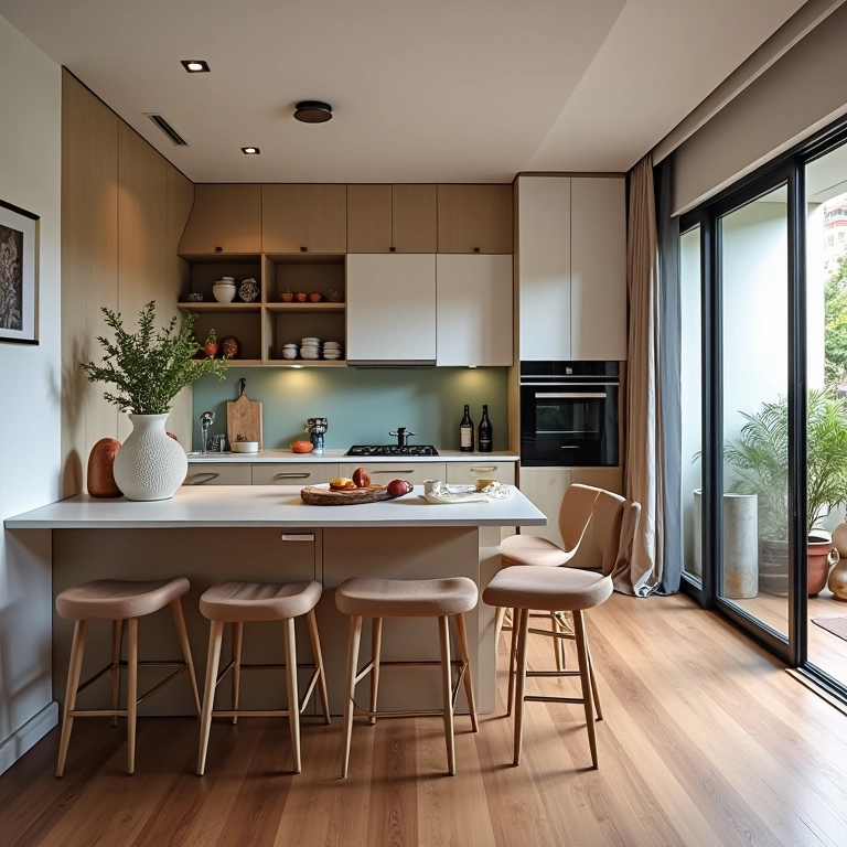 Cozinha integrada à sala de estar em um apartamento pequeno.