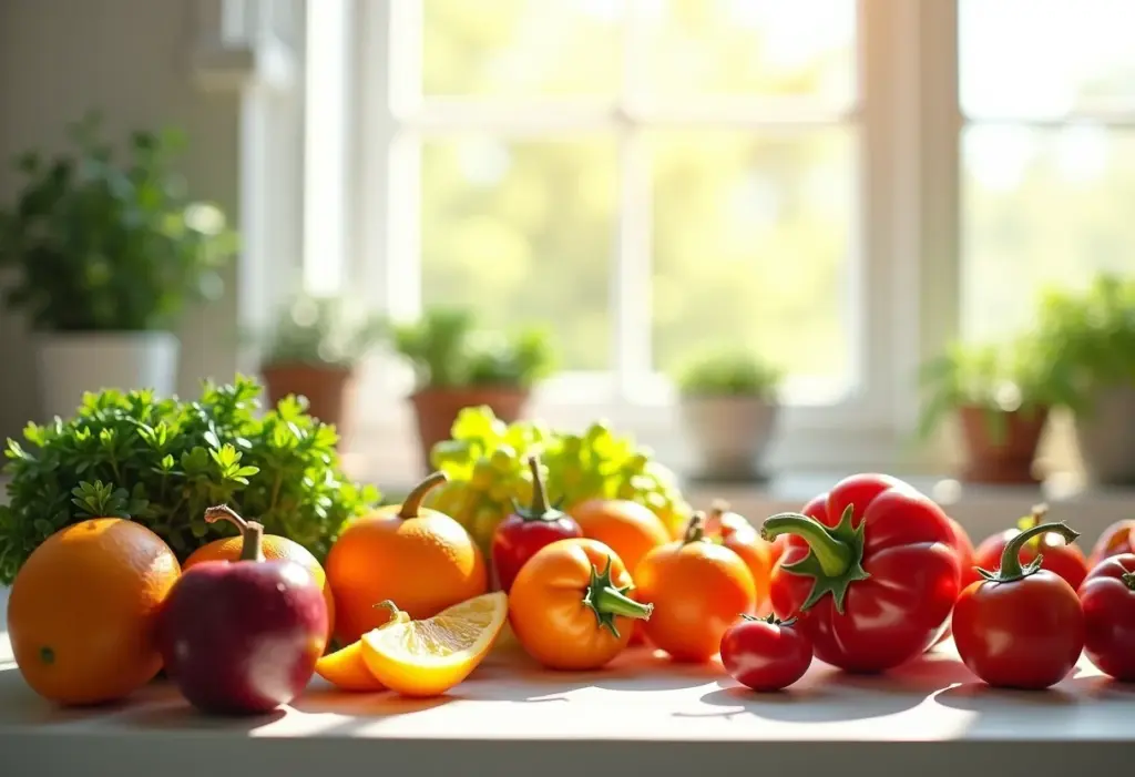 Cozinha moderna e sustentável com alimentos orgânicos e luz natural