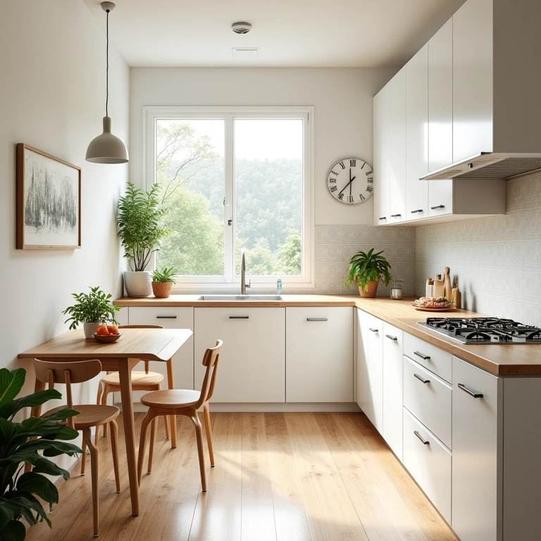 Cozinha pequena com armários brancos e detalhes em madeira clara.