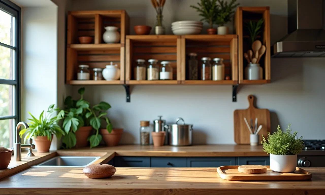 Cozinha rústica com nichos de caixote para organizar temperos e utensílios.