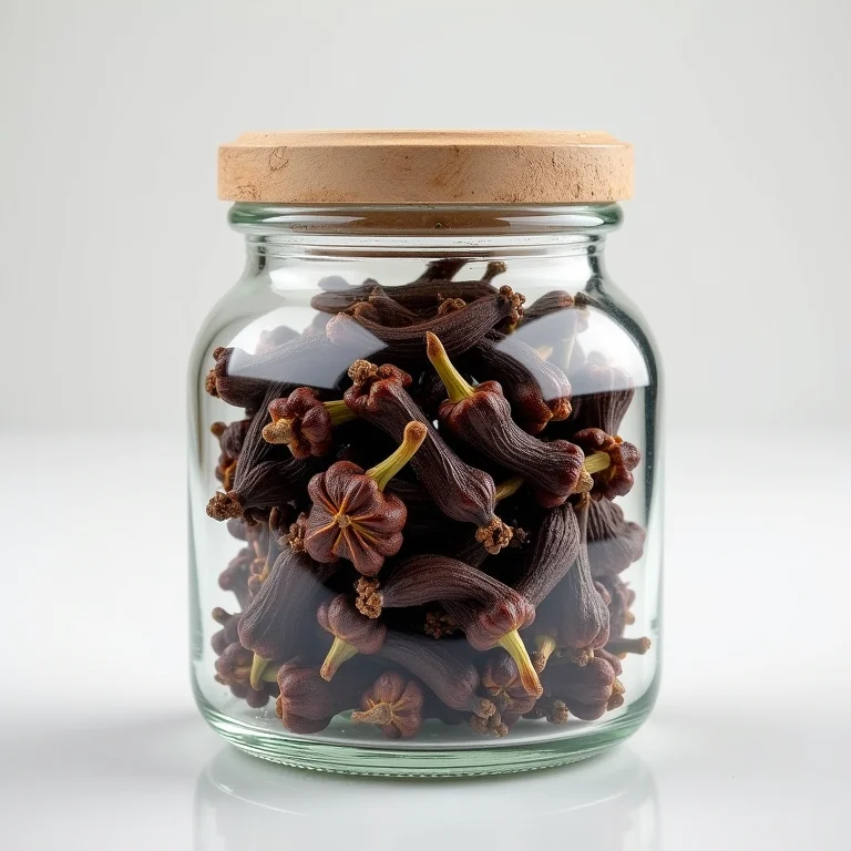 Cravos-da-índia armazenados em recipiente de vidro hermético.