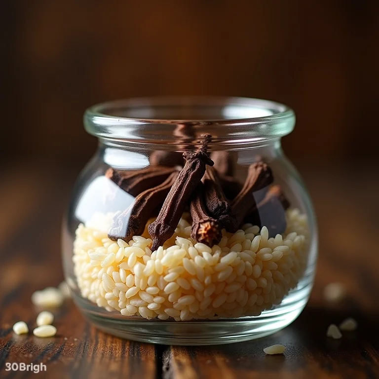 Cravos-da-índia com grãos de arroz em um pote.